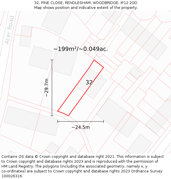 32, PINE CLOSE, RENDLESHAM, WOODBRIDGE, IP12 2GD: Plot and title map