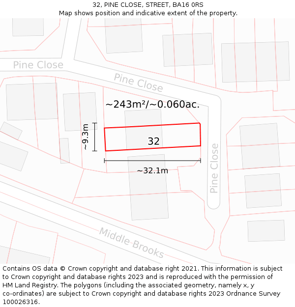 32, PINE CLOSE, STREET, BA16 0RS: Plot and title map