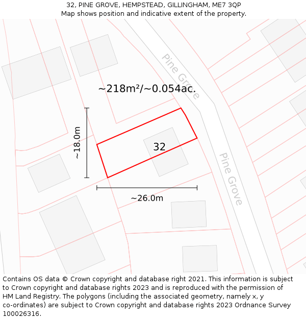 32, PINE GROVE, HEMPSTEAD, GILLINGHAM, ME7 3QP: Plot and title map