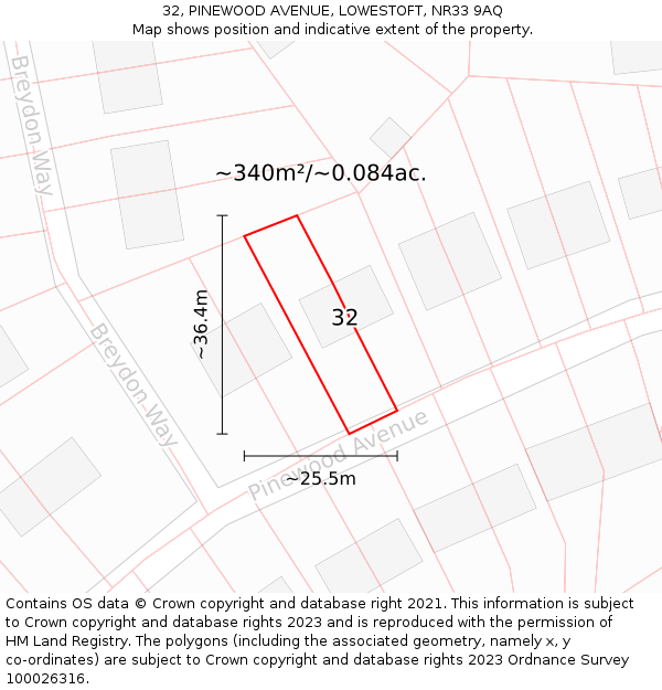 32, PINEWOOD AVENUE, LOWESTOFT, NR33 9AQ: Plot and title map