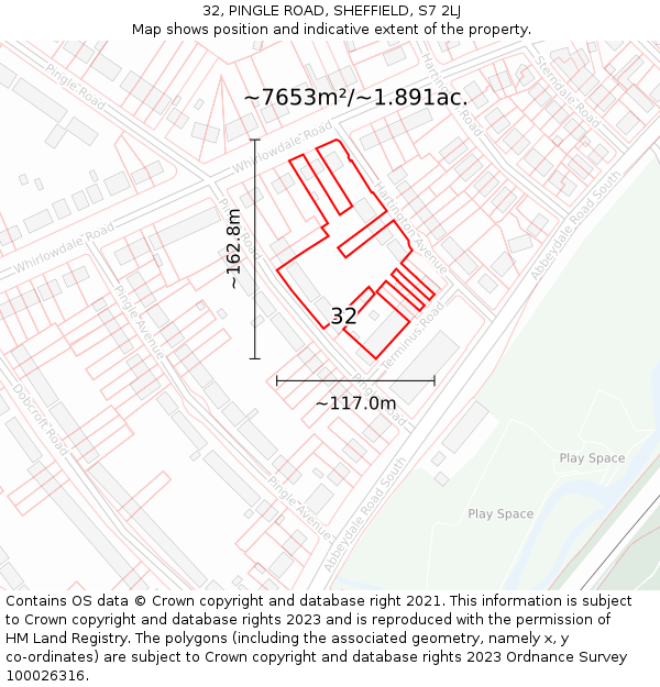 32, PINGLE ROAD, SHEFFIELD, S7 2LJ: Plot and title map