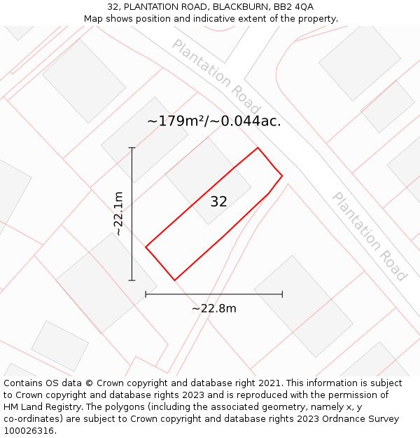 32, PLANTATION ROAD, BLACKBURN, BB2 4QA: Plot and title map