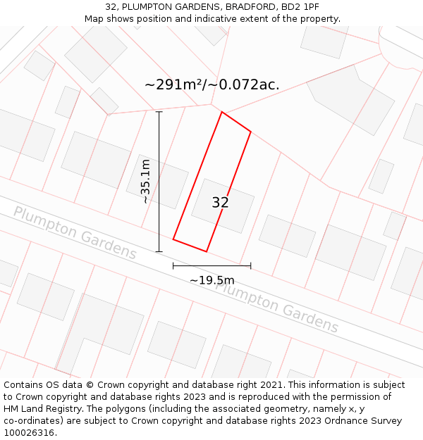 32, PLUMPTON GARDENS, BRADFORD, BD2 1PF: Plot and title map