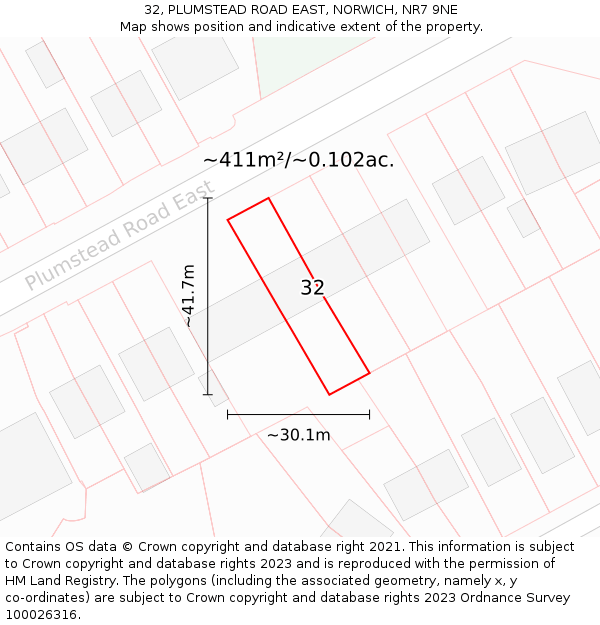32, PLUMSTEAD ROAD EAST, NORWICH, NR7 9NE: Plot and title map