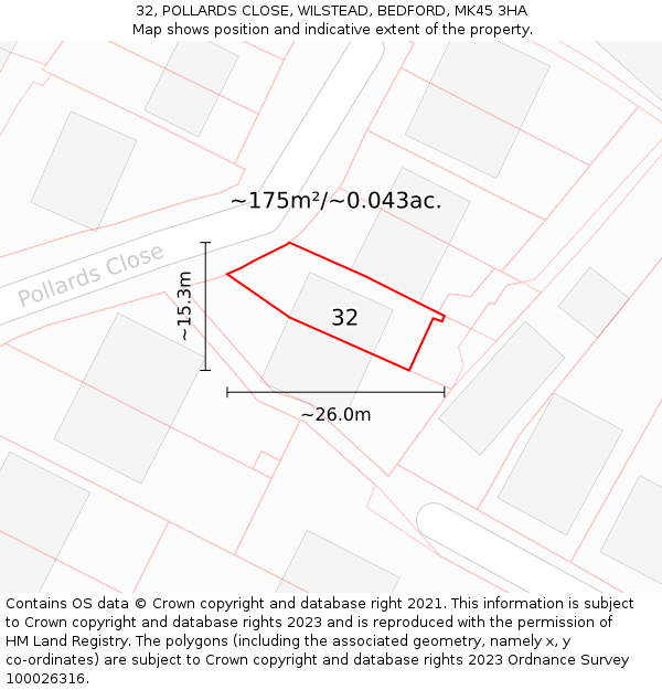 32, POLLARDS CLOSE, WILSTEAD, BEDFORD, MK45 3HA: Plot and title map