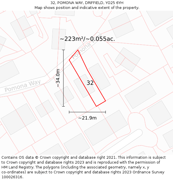 32, POMONA WAY, DRIFFIELD, YO25 6YH: Plot and title map