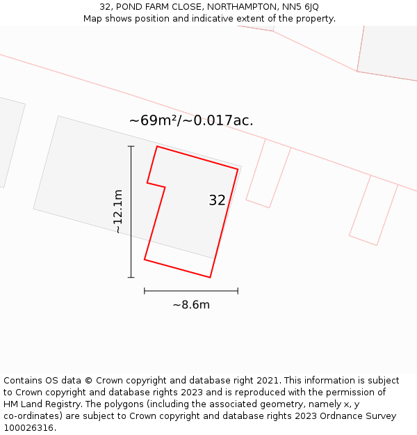 32, POND FARM CLOSE, NORTHAMPTON, NN5 6JQ: Plot and title map
