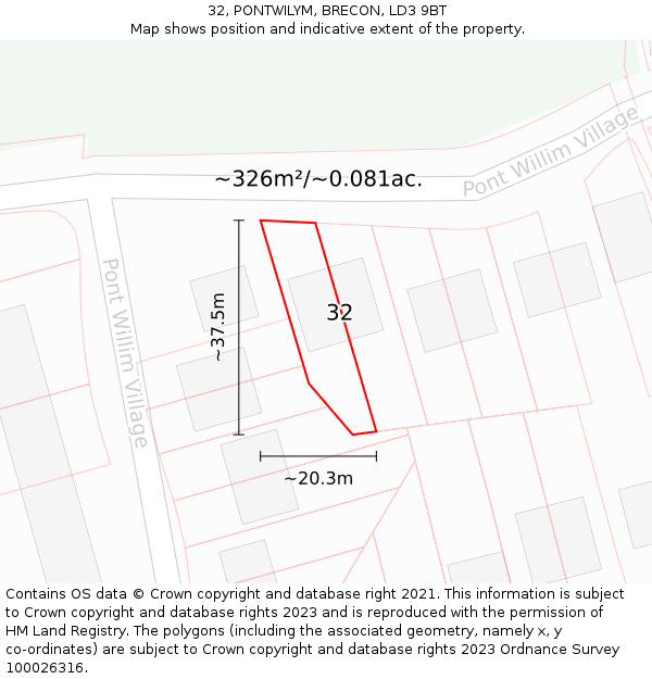 32, PONTWILYM, BRECON, LD3 9BT: Plot and title map