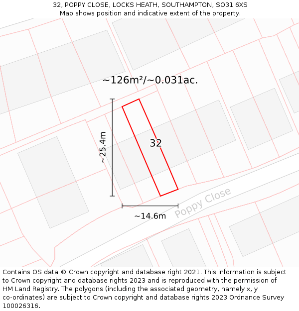 32, POPPY CLOSE, LOCKS HEATH, SOUTHAMPTON, SO31 6XS: Plot and title map