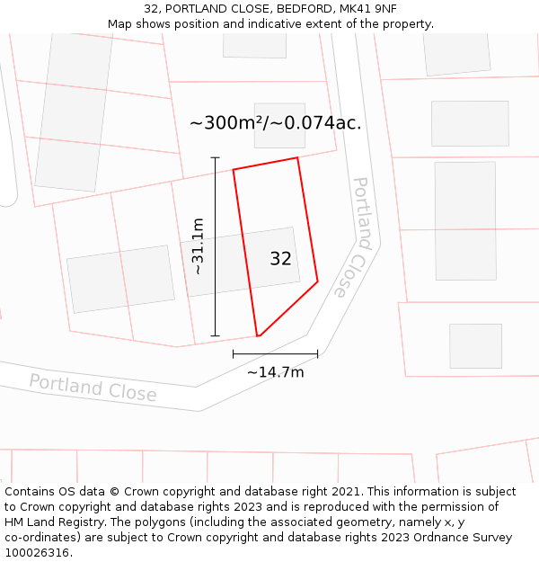 32, PORTLAND CLOSE, BEDFORD, MK41 9NF: Plot and title map
