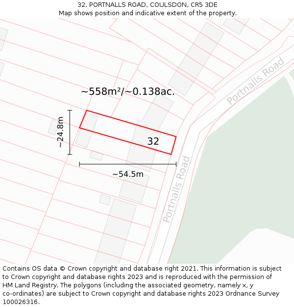 32, PORTNALLS ROAD, COULSDON, CR5 3DE: Plot and title map