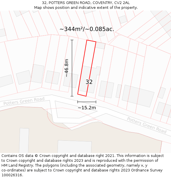 32, POTTERS GREEN ROAD, COVENTRY, CV2 2AL: Plot and title map