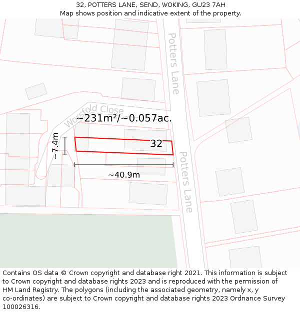 32, POTTERS LANE, SEND, WOKING, GU23 7AH: Plot and title map