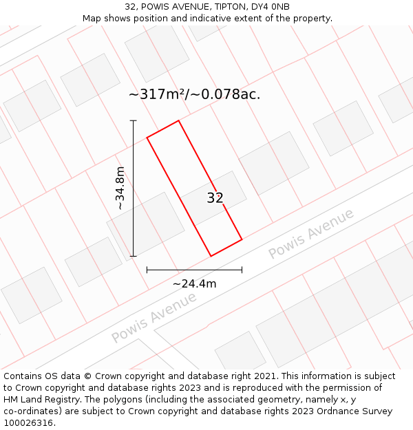 32, POWIS AVENUE, TIPTON, DY4 0NB: Plot and title map