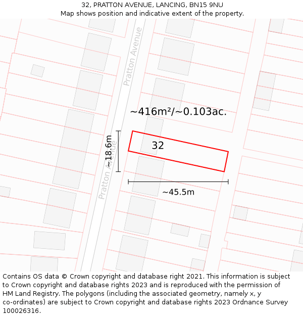 32, PRATTON AVENUE, LANCING, BN15 9NU: Plot and title map