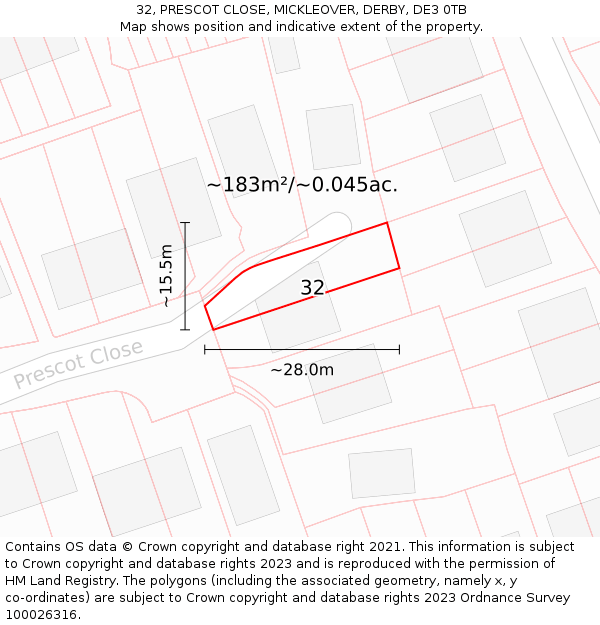 32, PRESCOT CLOSE, MICKLEOVER, DERBY, DE3 0TB: Plot and title map