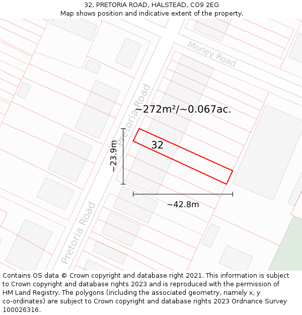 32, PRETORIA ROAD, HALSTEAD, CO9 2EG: Plot and title map