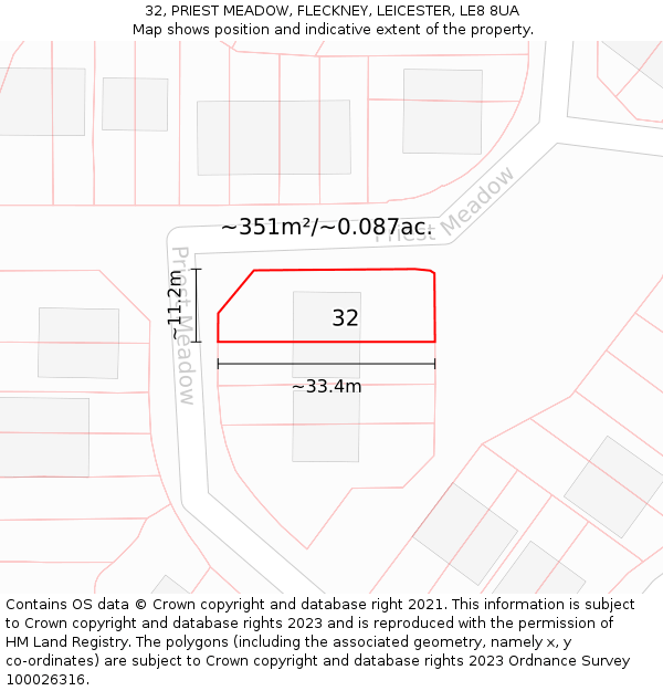 32, PRIEST MEADOW, FLECKNEY, LEICESTER, LE8 8UA: Plot and title map
