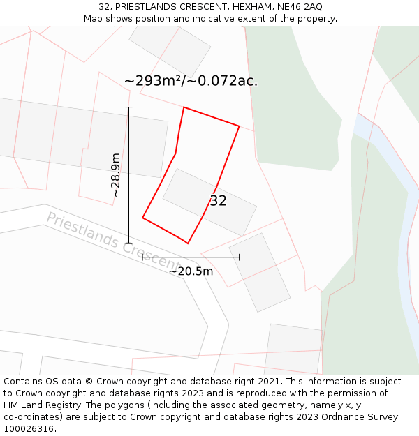 32, PRIESTLANDS CRESCENT, HEXHAM, NE46 2AQ: Plot and title map