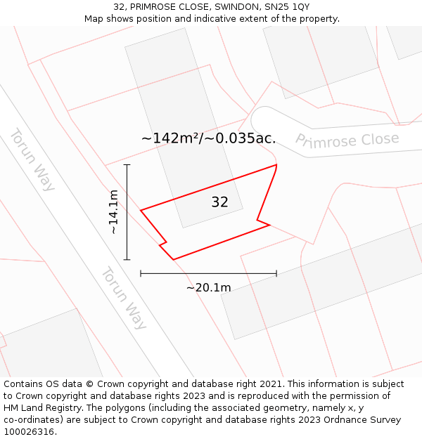 32, PRIMROSE CLOSE, SWINDON, SN25 1QY: Plot and title map