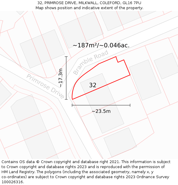 32, PRIMROSE DRIVE, MILKWALL, COLEFORD, GL16 7PU: Plot and title map