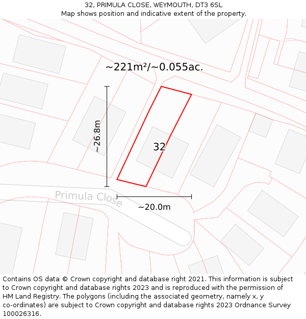 32, PRIMULA CLOSE, WEYMOUTH, DT3 6SL: Plot and title map