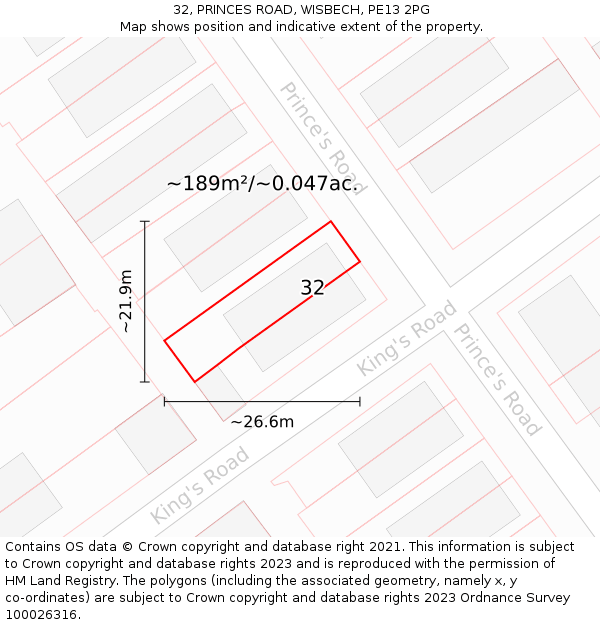 32, PRINCES ROAD, WISBECH, PE13 2PG: Plot and title map