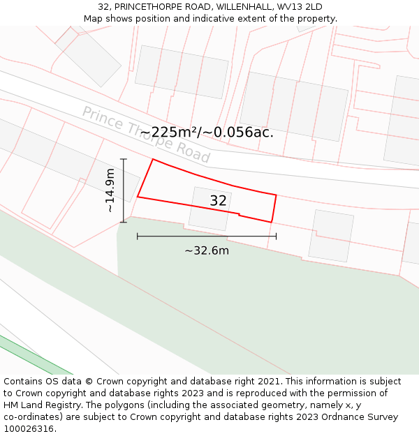 32, PRINCETHORPE ROAD, WILLENHALL, WV13 2LD: Plot and title map