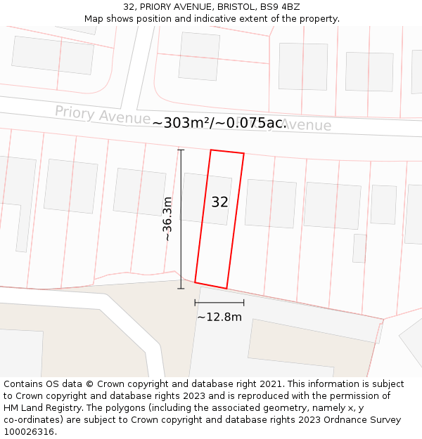 32, PRIORY AVENUE, BRISTOL, BS9 4BZ: Plot and title map