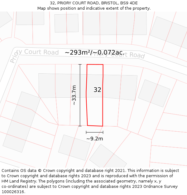 32, PRIORY COURT ROAD, BRISTOL, BS9 4DE: Plot and title map