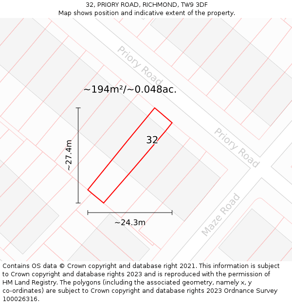 32, PRIORY ROAD, RICHMOND, TW9 3DF: Plot and title map