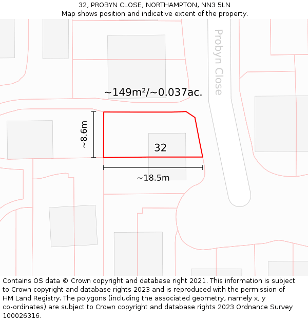 32, PROBYN CLOSE, NORTHAMPTON, NN3 5LN: Plot and title map
