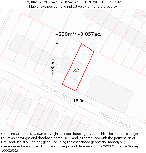 32, PROSPECT ROAD, LONGWOOD, HUDDERSFIELD, HD3 4UZ: Plot and title map