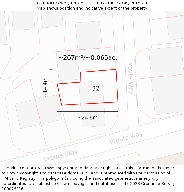 32, PROUTS WAY, TREGADILLETT, LAUNCESTON, PL15 7HT: Plot and title map