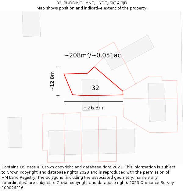 32, PUDDING LANE, HYDE, SK14 3JD: Plot and title map