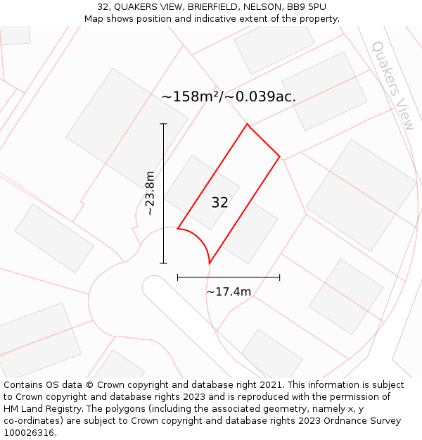 32, QUAKERS VIEW, BRIERFIELD, NELSON, BB9 5PU: Plot and title map