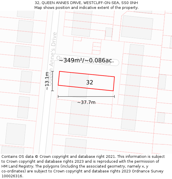 32, QUEEN ANNES DRIVE, WESTCLIFF-ON-SEA, SS0 0NH: Plot and title map