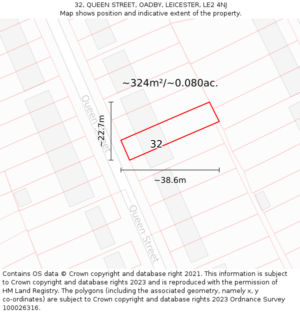 32, QUEEN STREET, OADBY, LEICESTER, LE2 4NJ: Plot and title map