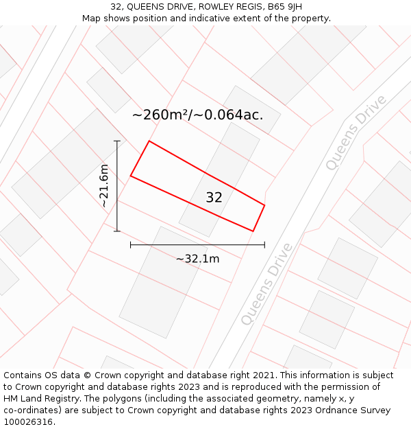 32, QUEENS DRIVE, ROWLEY REGIS, B65 9JH: Plot and title map