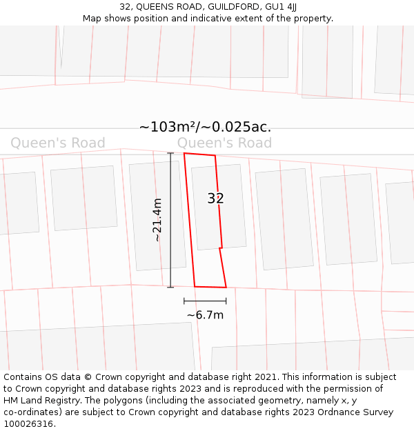 32, QUEENS ROAD, GUILDFORD, GU1 4JJ: Plot and title map
