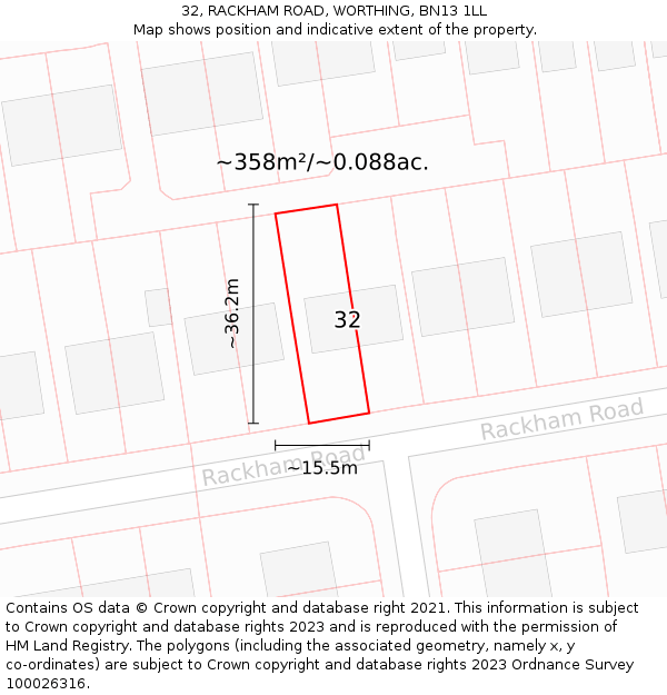 32, RACKHAM ROAD, WORTHING, BN13 1LL: Plot and title map