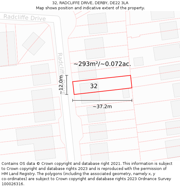 32, RADCLIFFE DRIVE, DERBY, DE22 3LA: Plot and title map