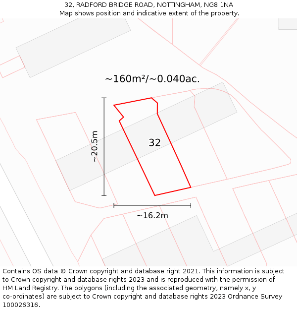 32, RADFORD BRIDGE ROAD, NOTTINGHAM, NG8 1NA: Plot and title map