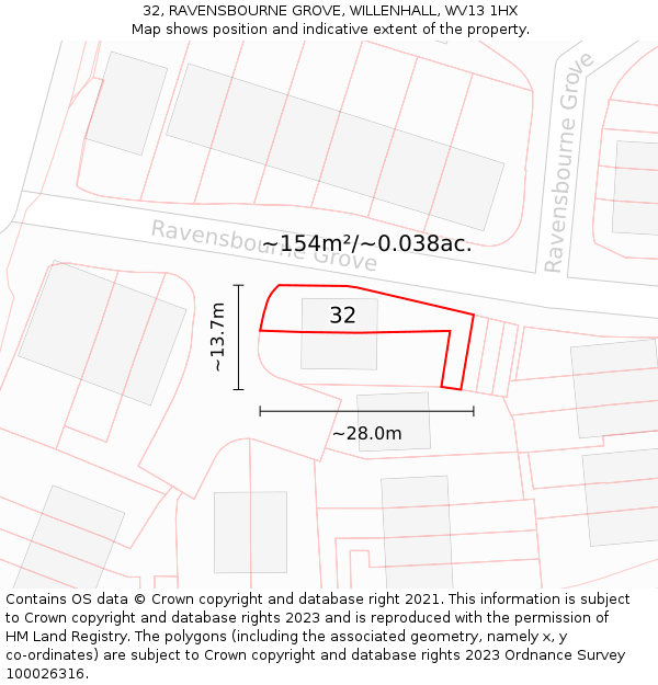 32, RAVENSBOURNE GROVE, WILLENHALL, WV13 1HX: Plot and title map