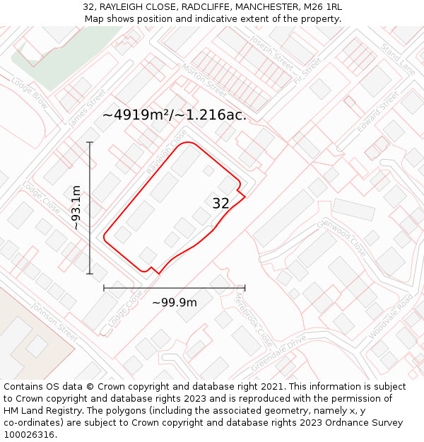 32, RAYLEIGH CLOSE, RADCLIFFE, MANCHESTER, M26 1RL: Plot and title map