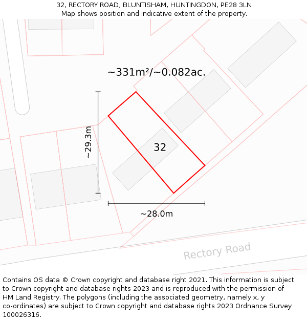 32, RECTORY ROAD, BLUNTISHAM, HUNTINGDON, PE28 3LN: Plot and title map