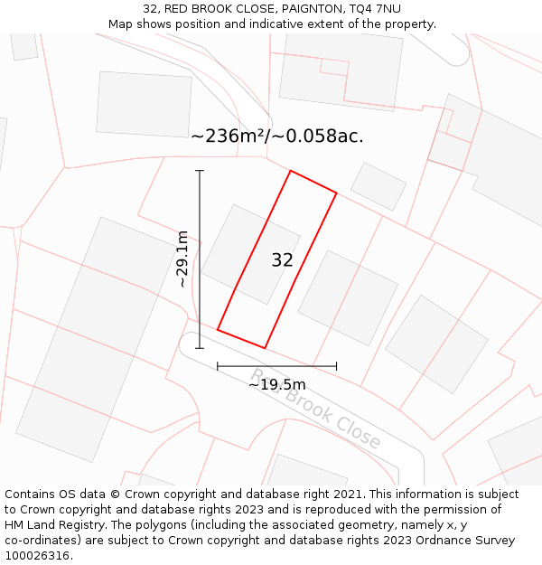 32, RED BROOK CLOSE, PAIGNTON, TQ4 7NU: Plot and title map
