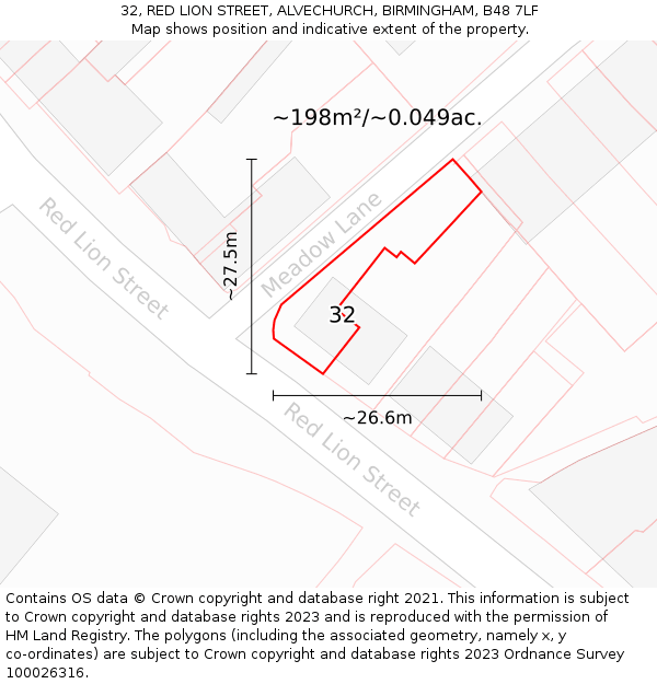 32, RED LION STREET, ALVECHURCH, BIRMINGHAM, B48 7LF: Plot and title map