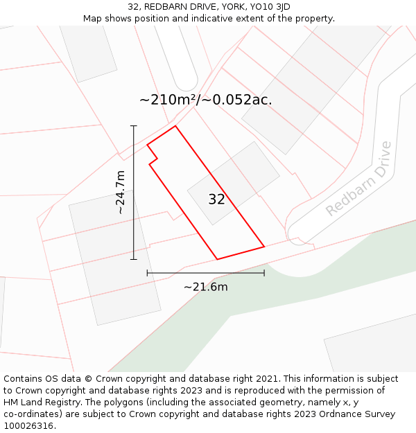 32, REDBARN DRIVE, YORK, YO10 3JD: Plot and title map