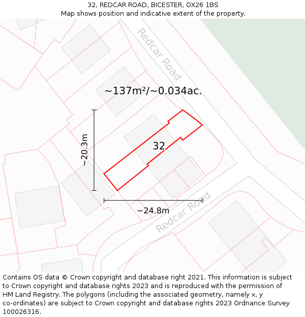 32, REDCAR ROAD, BICESTER, OX26 1BS: Plot and title map